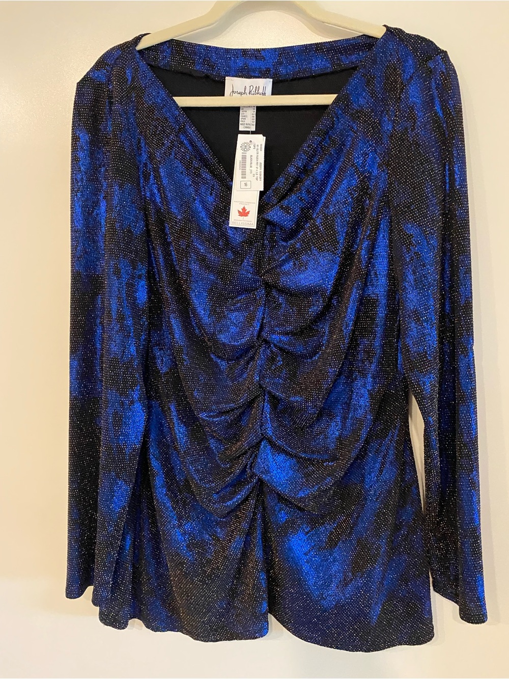 Joseph Ribkoff Blue & Black Ruched V-Neck Long Sleeve Top with Shimmer